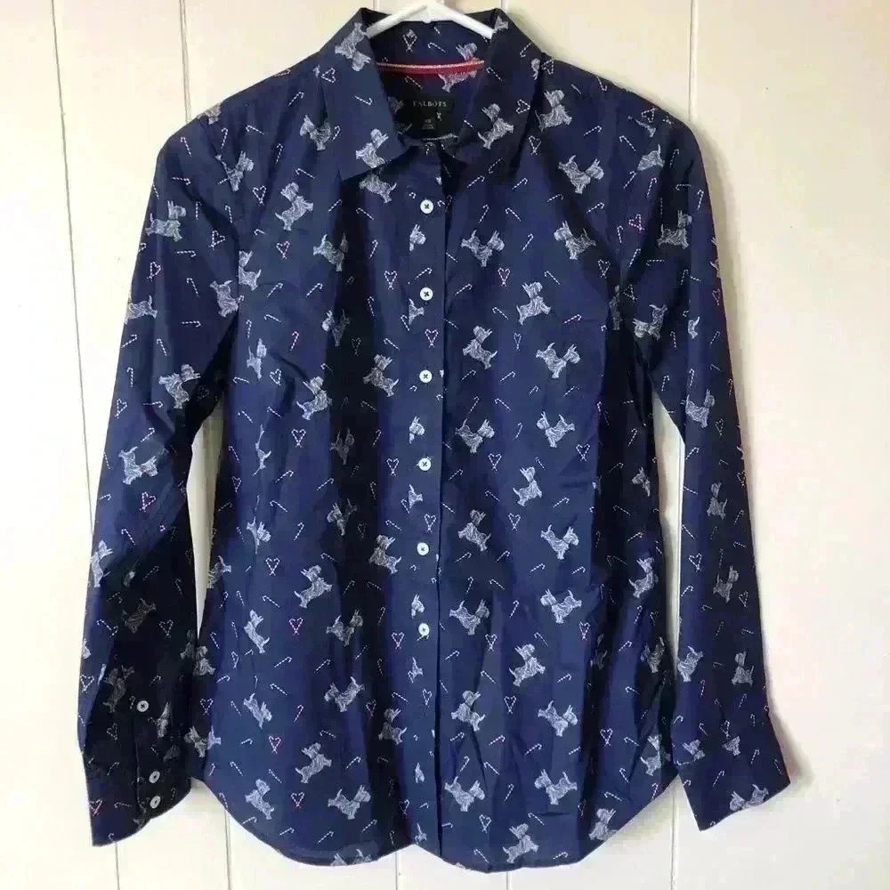 Talbots Christmas Holiday Theme Dog Printed Button Down Navy Cotton Shirt XS